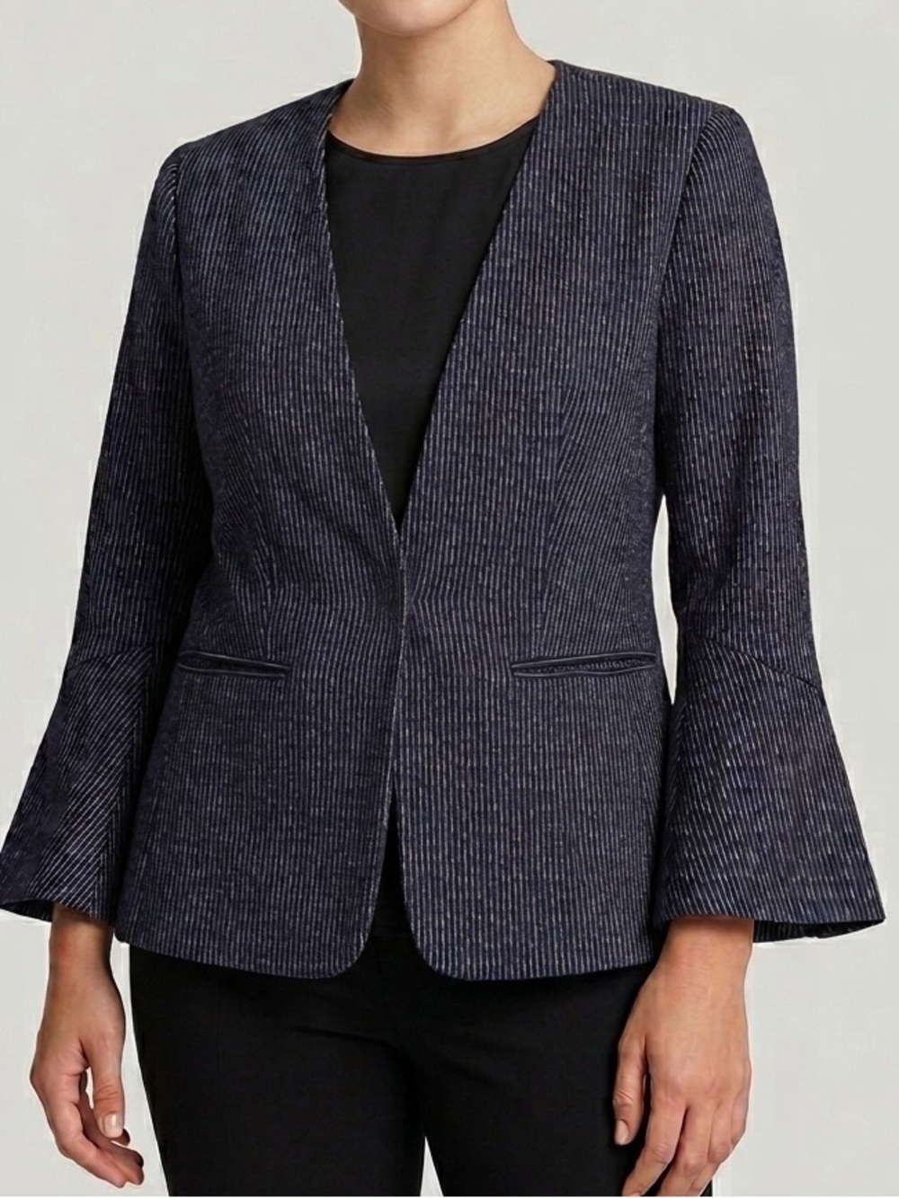 Anthropologie Cartonnier Navy Pinstripe Open-Front Wool Blazer